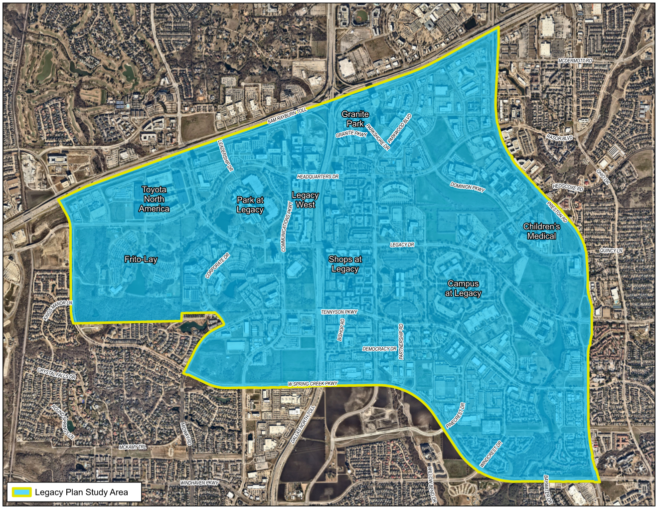 The Legacy Area is bounded by Sam Rayburn Tollway to the north, Spring Creek Parkway, Windcrest Drive, and Tennyson Parkway to the south, Preston Road to the east, and Spring Creek Parkway to the west.