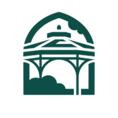 A logo consisting of a green depiction of a gazebo pillars and canopy, with the silhouette of bushes in the lower left, all contained within a border in the shape of a gothic arch.
